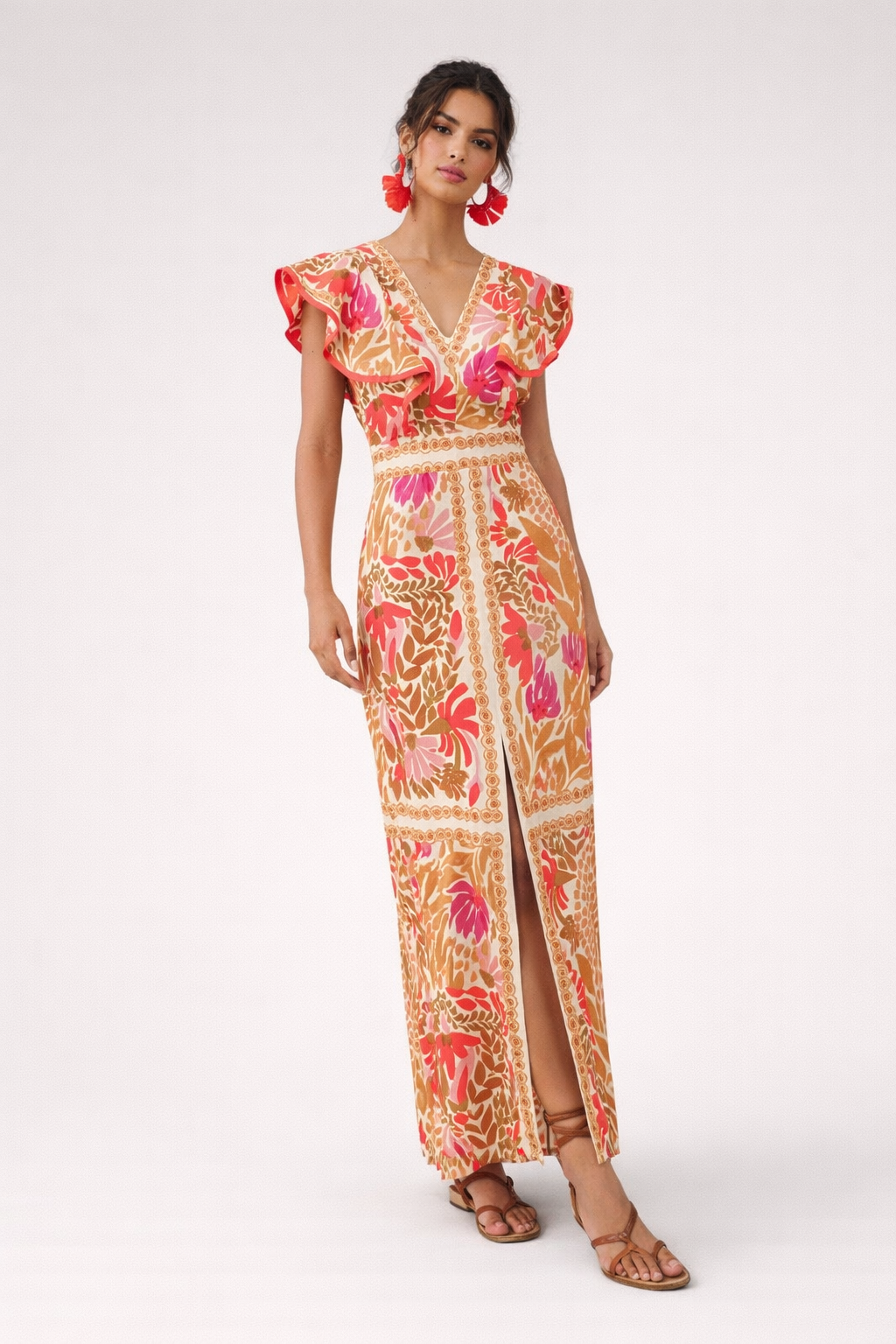 Vestido largo estampado escote en V con olanes para mujer - Lucía