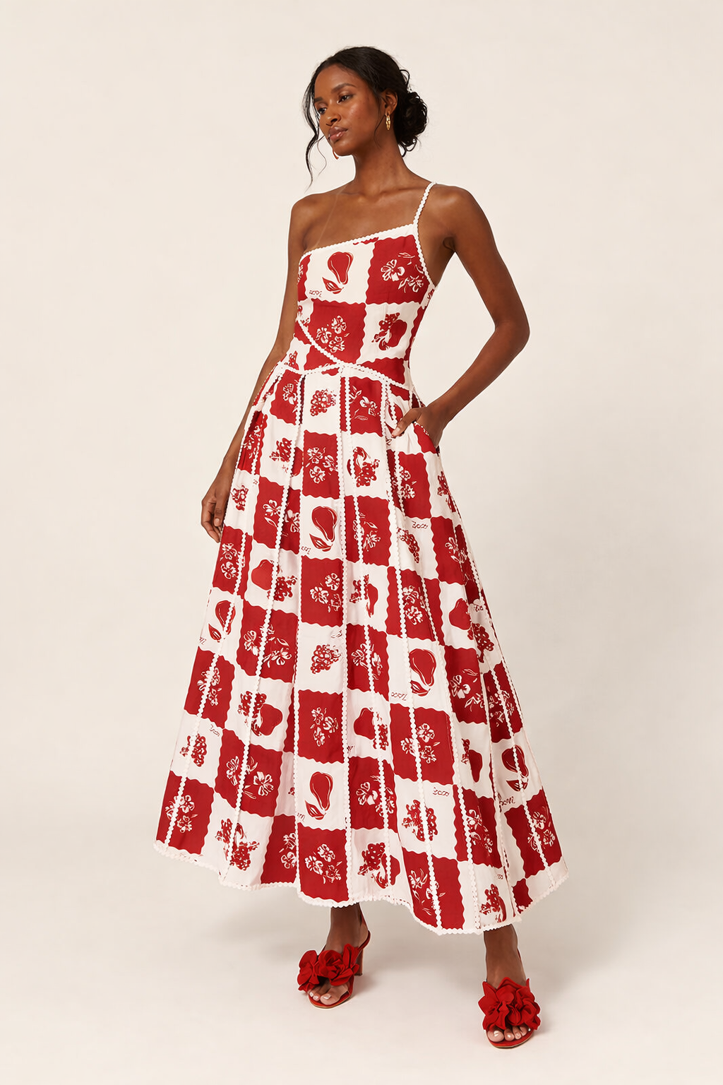 Vestido maxi asimétrico estampado con detalle floral para mujer - Savine