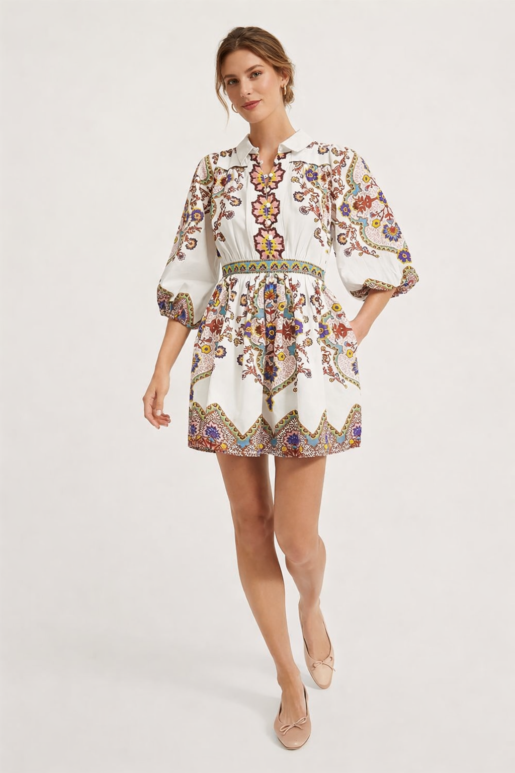 Vestido mini estampado con manga abullonada para mujer - Daniela