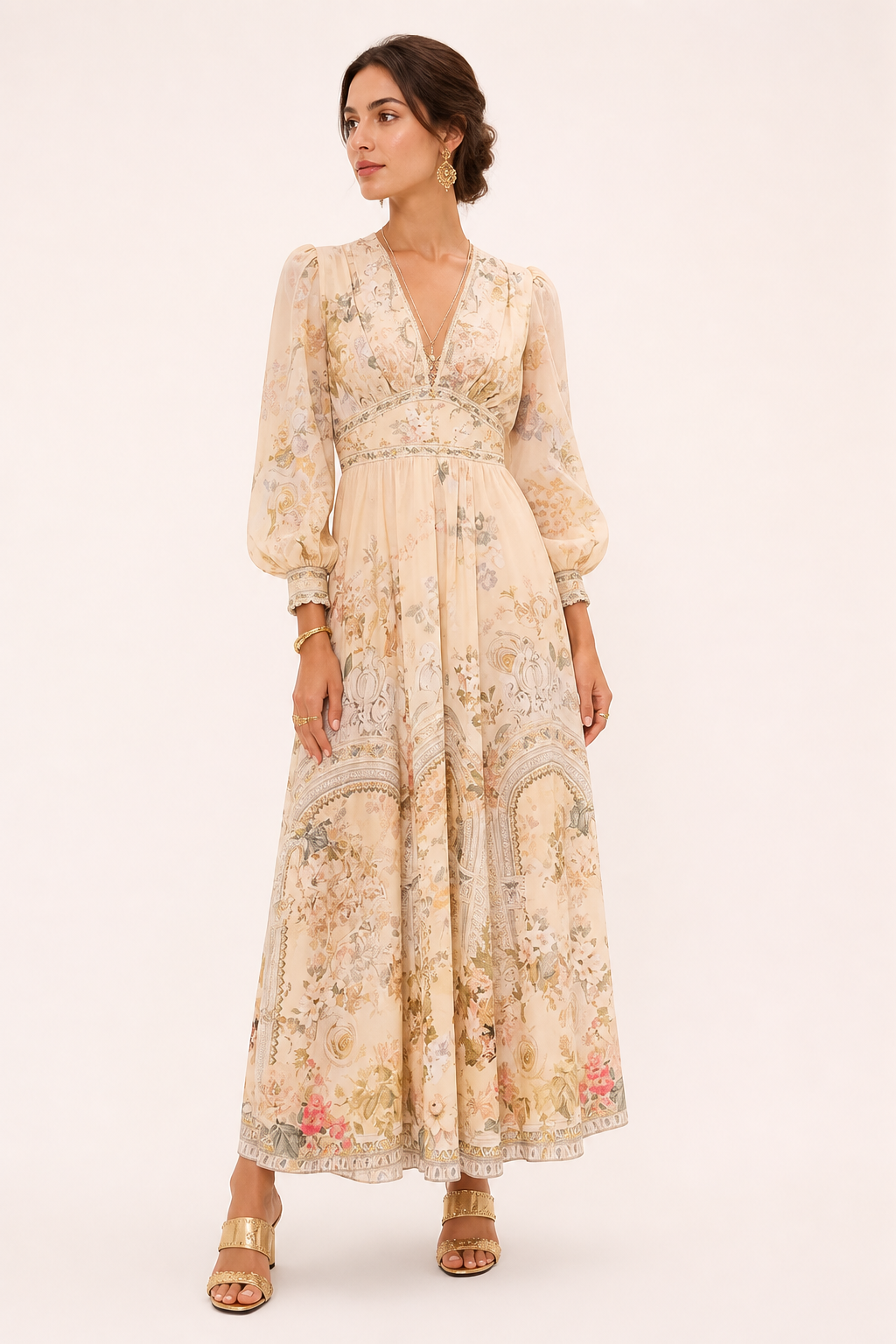 Vestido midi mujer escote V cintura alta manga abullonada - Connie