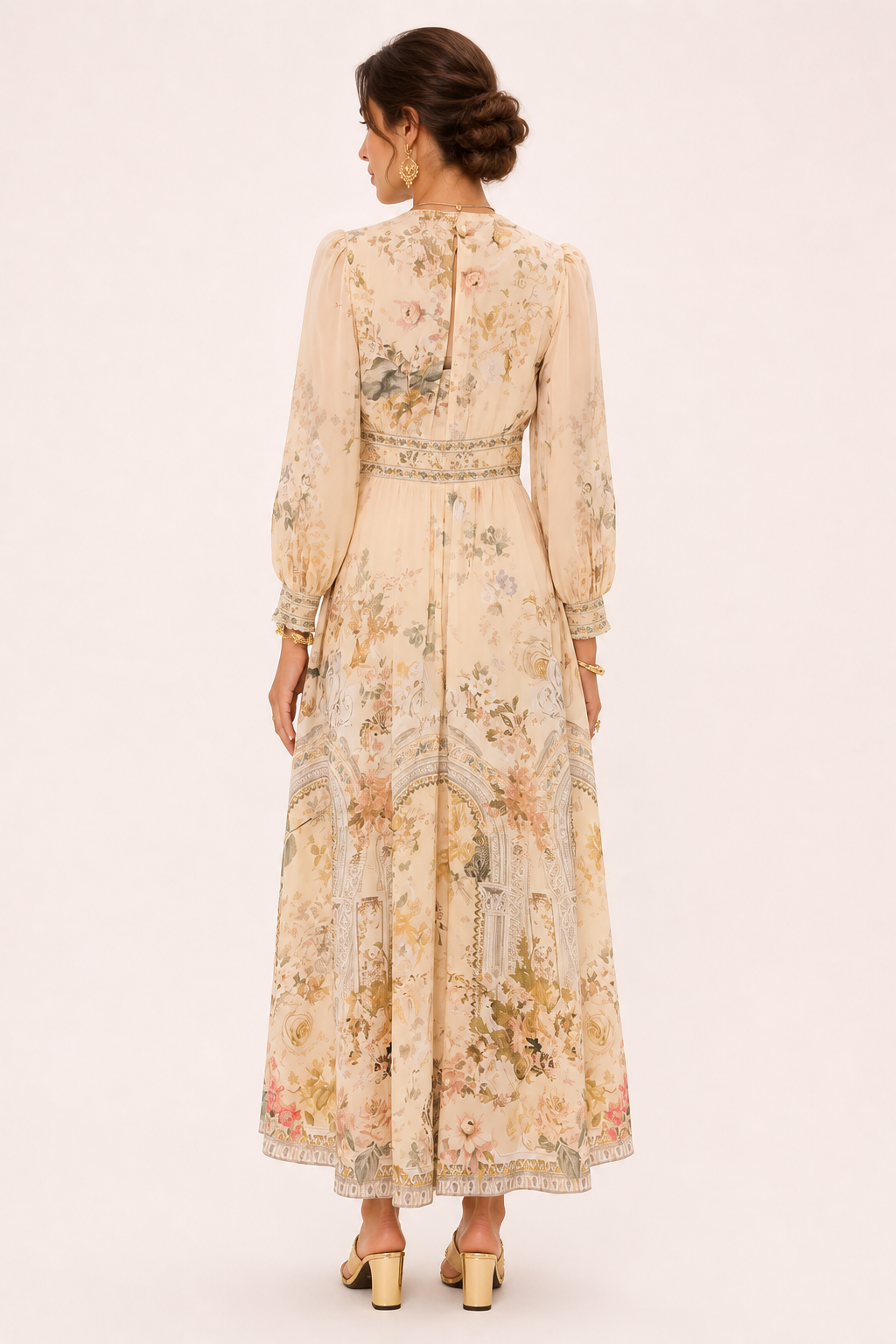 Vestido midi mujer escote V cintura alta manga abullonada - Connie