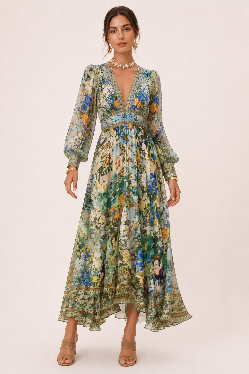 Vestido midi mujer escote V cintura alta manga abullonada - Connie