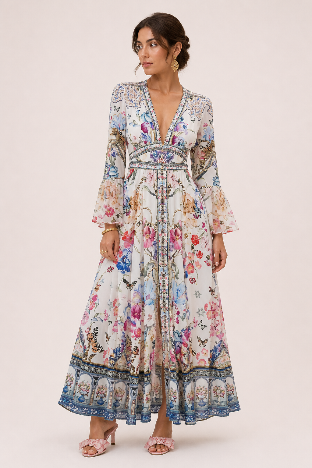 Vestido midi mujer escote V cintura alta manga abullonada - Connie