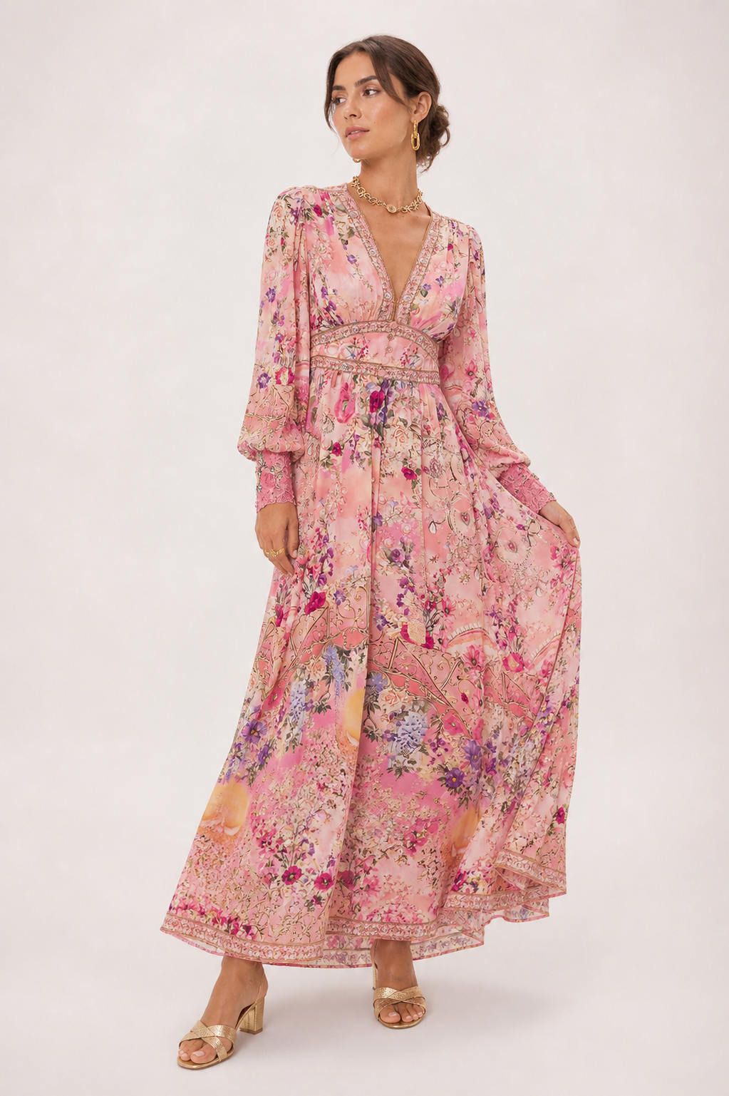 Vestido midi mujer escote V cintura alta manga abullonada - Connie