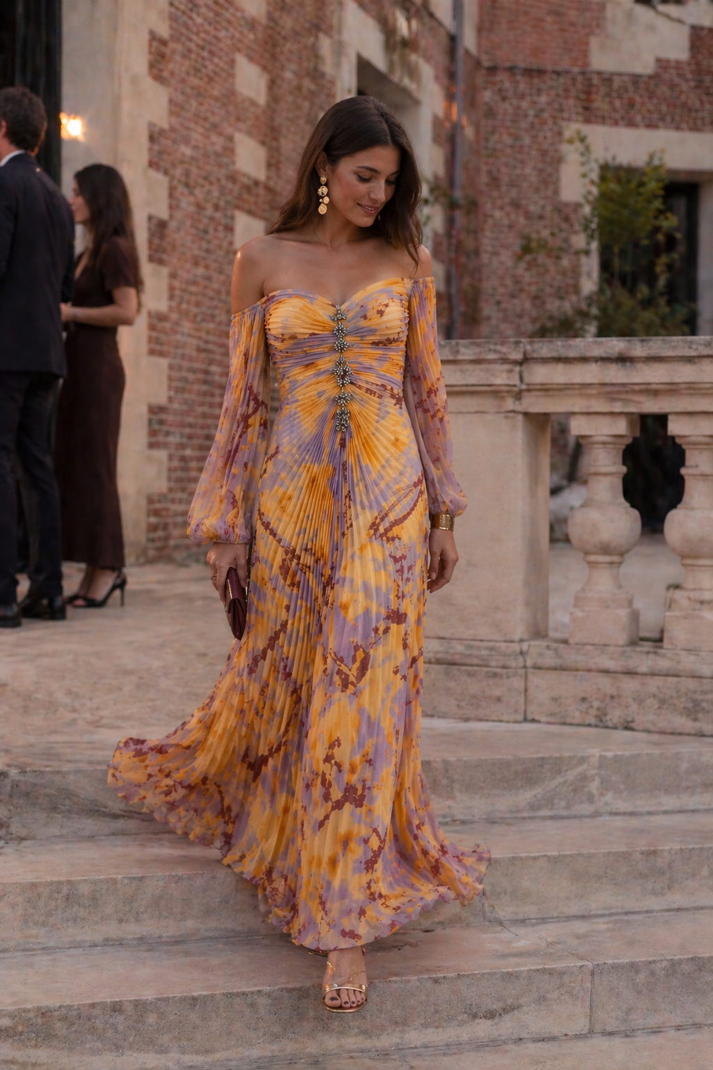 Vestido largo elegante mujer plisado abertura - Lucía