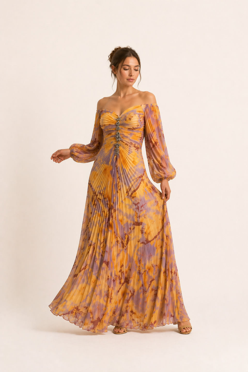 Vestido largo elegante mujer plisado abertura - Lucía
