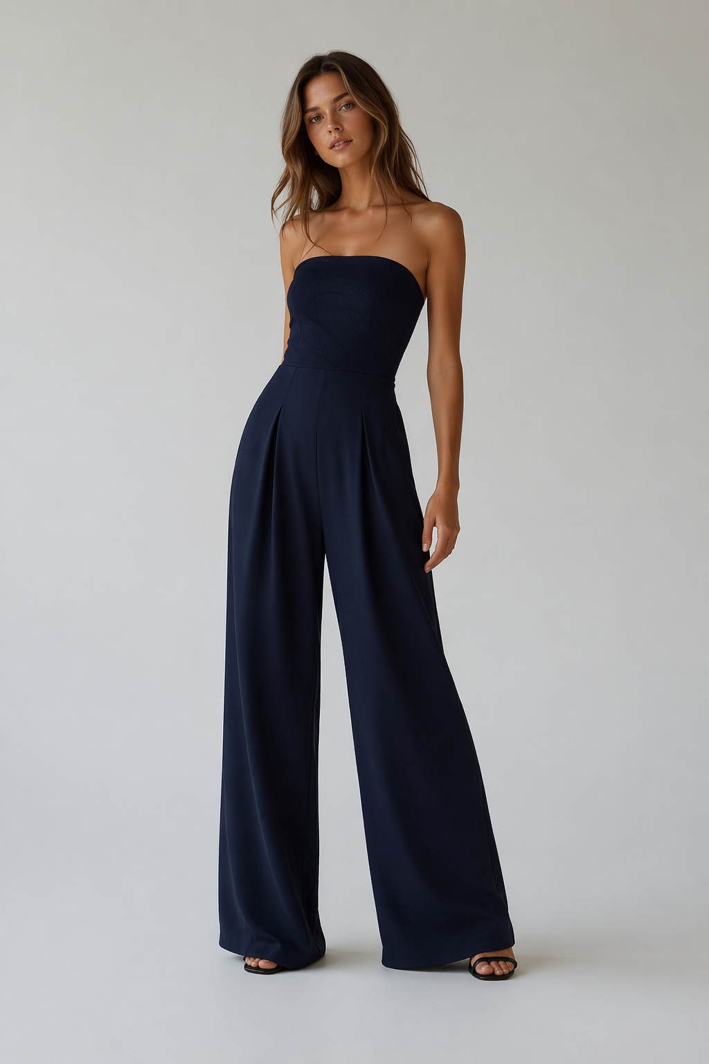Mono elegante mujer pantalón ancho strapless - Elena