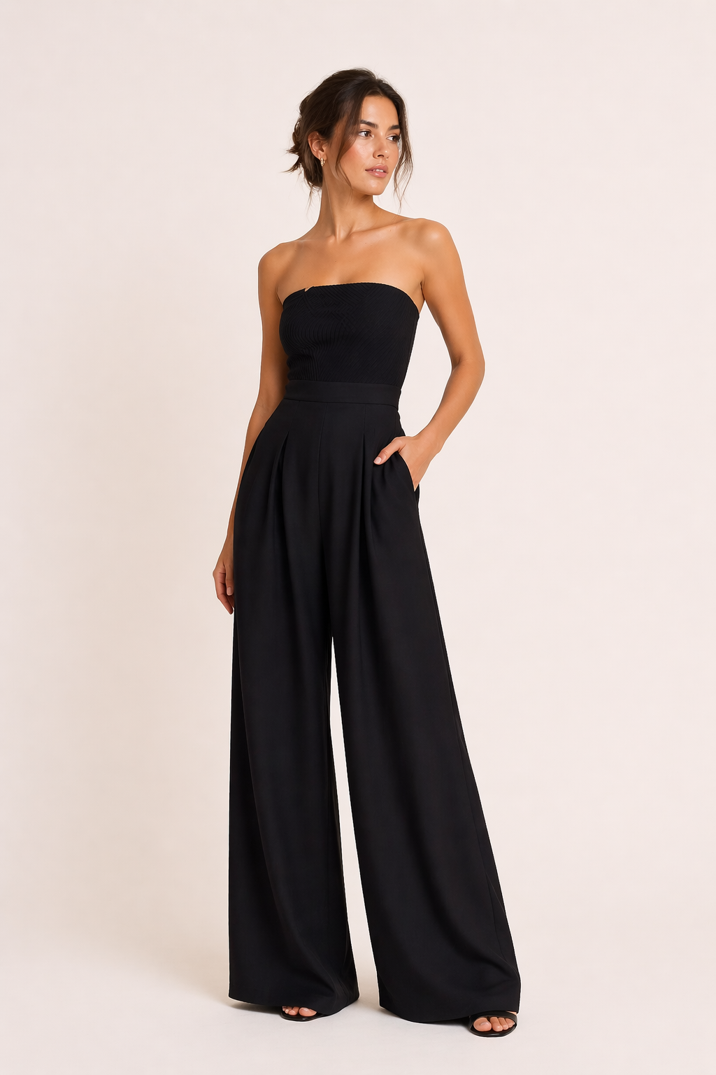 Mono elegante mujer pantalón ancho strapless - Elena