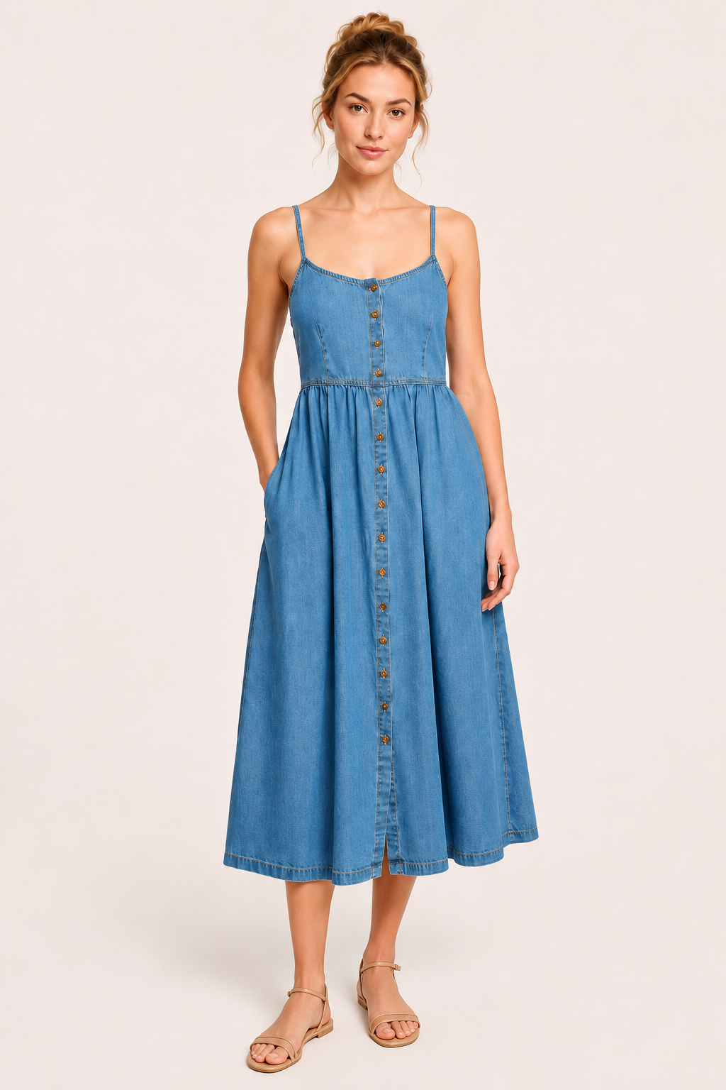 Vestido vaquero midi mujer tirantes finos botones – Hanneli