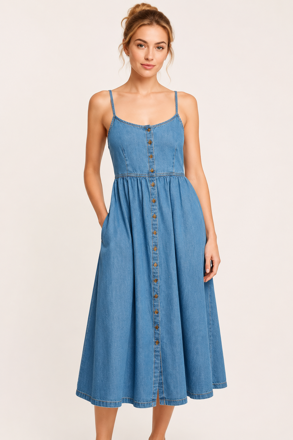 Vestido vaquero midi mujer tirantes finos botones – Hanneli