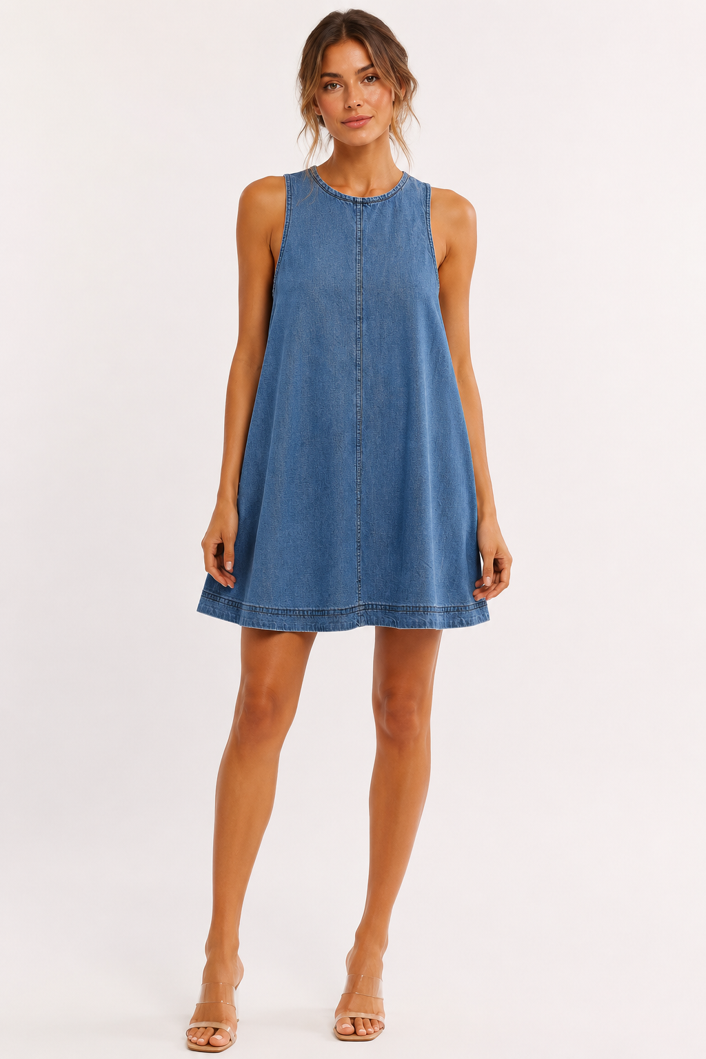 Vestido corto mujer denim sin mangas corte evasé – Elske
