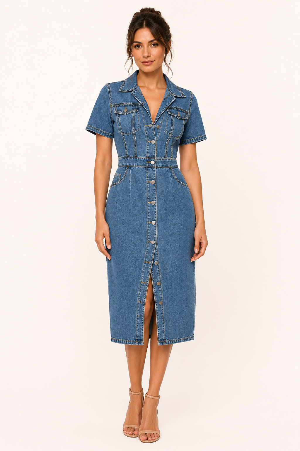 Vestido midi mujer denim cuello camisero botones entallado – Elara