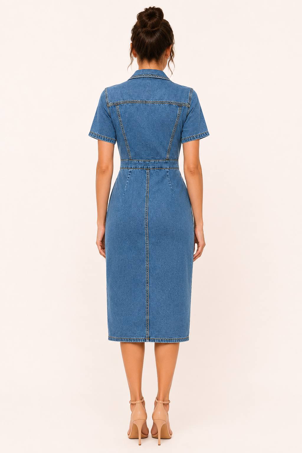 Vestido midi mujer denim cuello camisero botones entallado – Elara