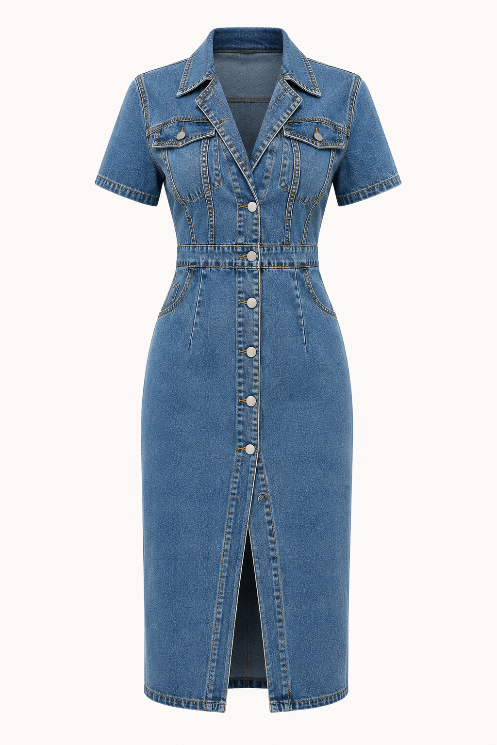 Vestido midi mujer denim cuello camisero botones entallado – Elara