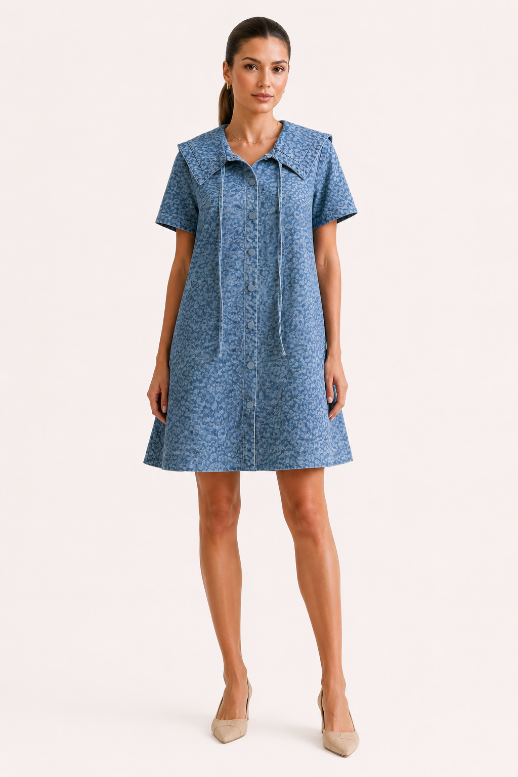 Vestido denim corto mujer cuello marinero manga corta botones – Paula