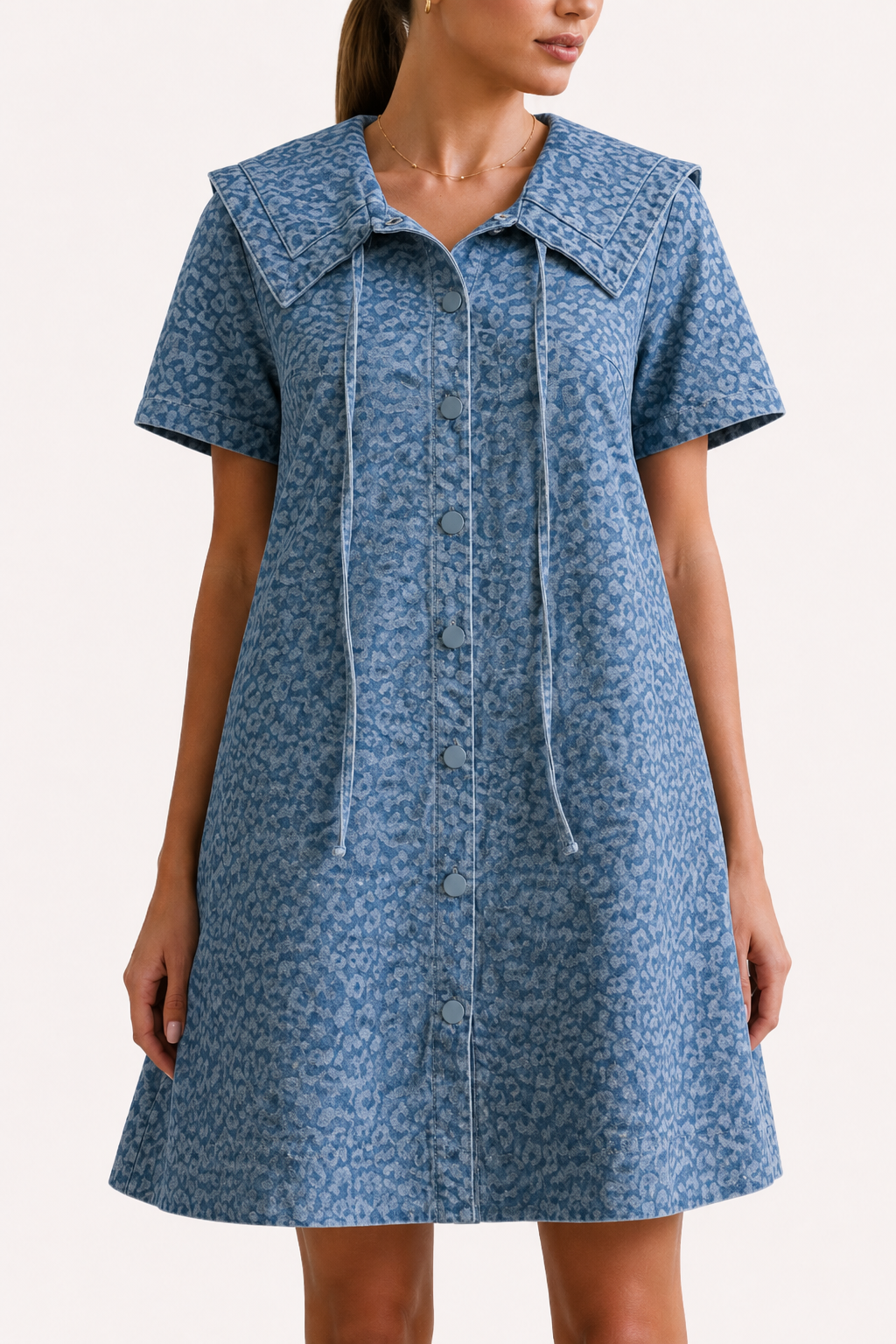 Vestido denim corto mujer cuello marinero manga corta botones – Paula