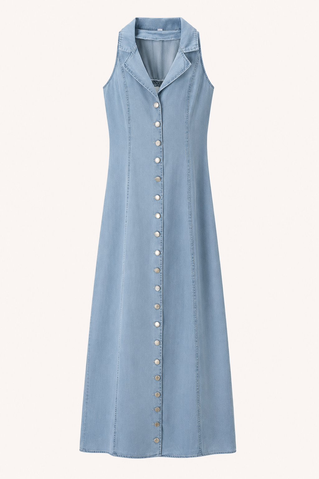 Vestido largo mujer denim sin mangas botones cuello solapa – Elara