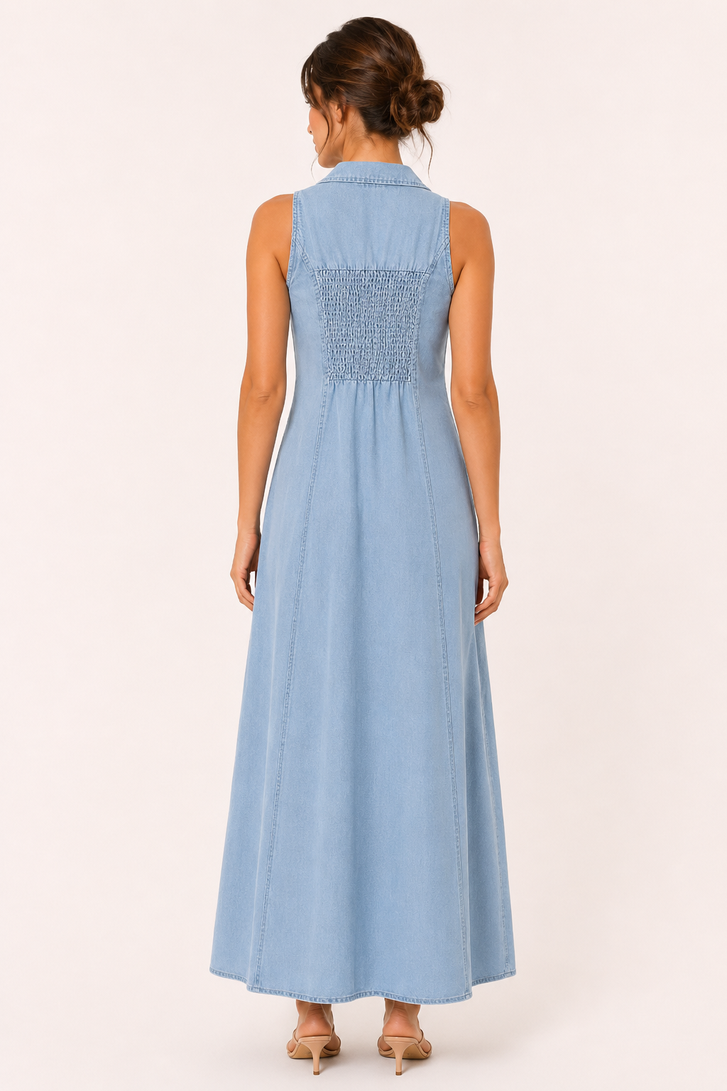 Vestido largo mujer denim sin mangas botones cuello solapa – Elara