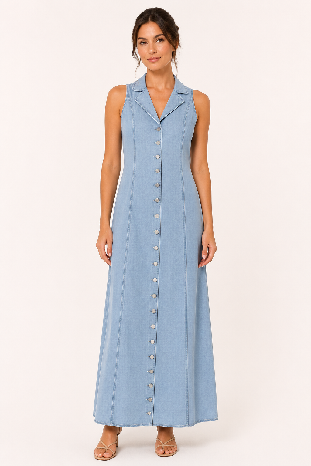 Vestido largo mujer denim sin mangas botones cuello solapa – Elara