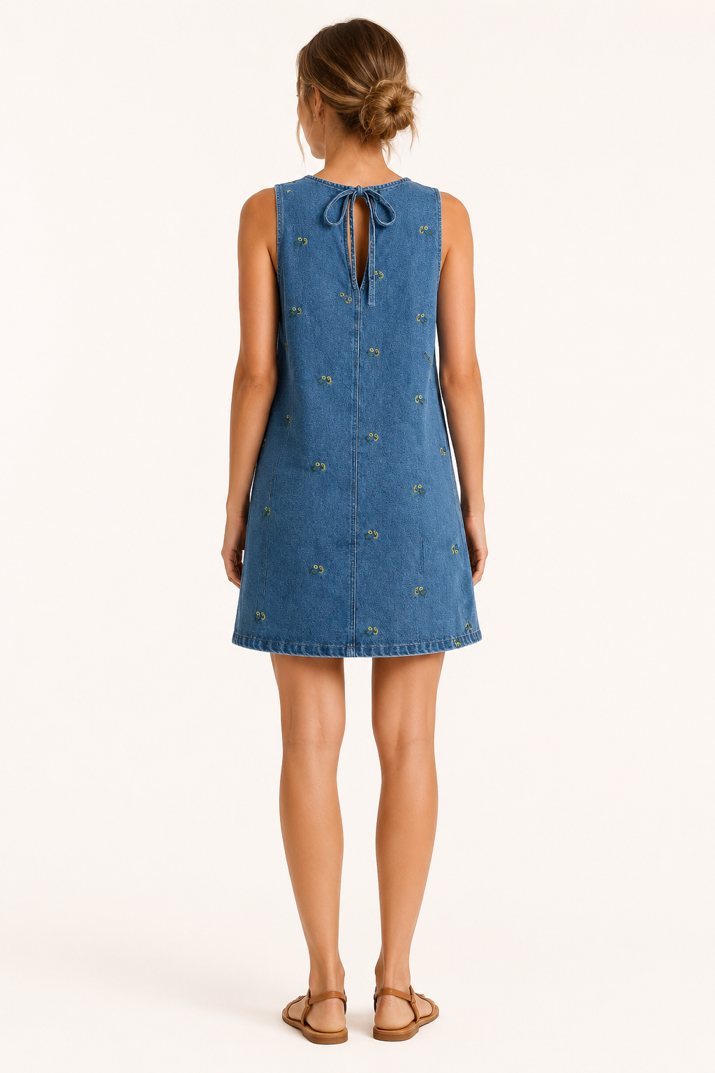 Vestido corto mujer denim sin mangas detalles bordados casual – Leni
