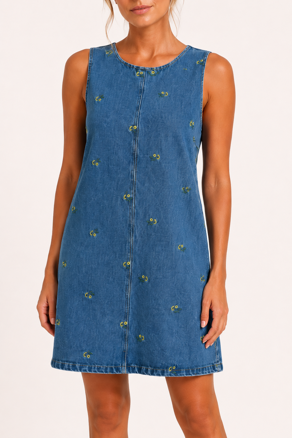 Vestido corto mujer denim sin mangas detalles bordados casual – Leni
