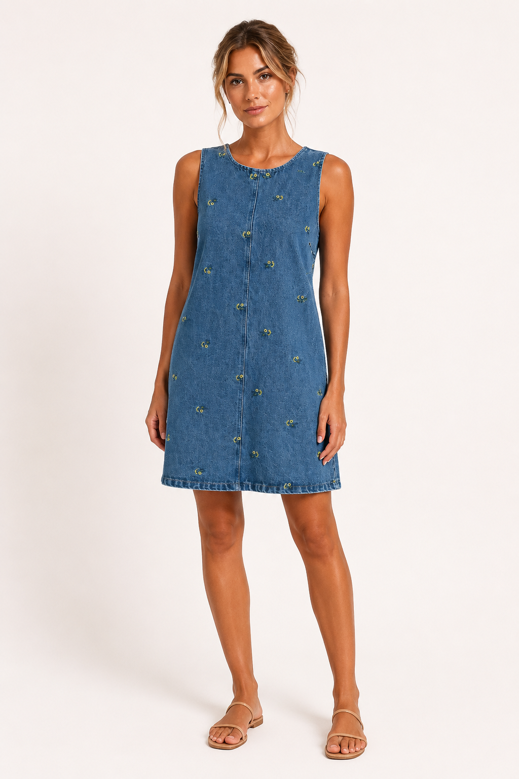 Vestido corto mujer denim sin mangas detalles bordados casual – Leni