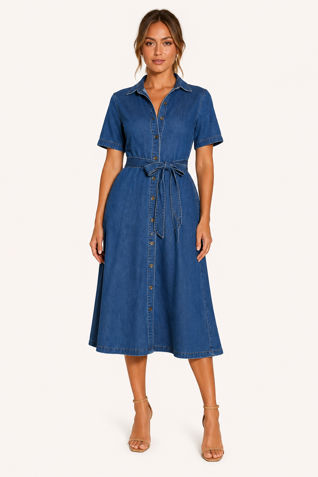 Vestido midi mujer denim botones cinturón falda amplia – Klara