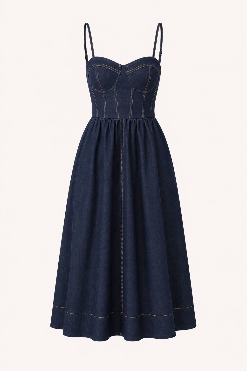 Vestido denim midi mujer escote corazón tirantes finos – Helene