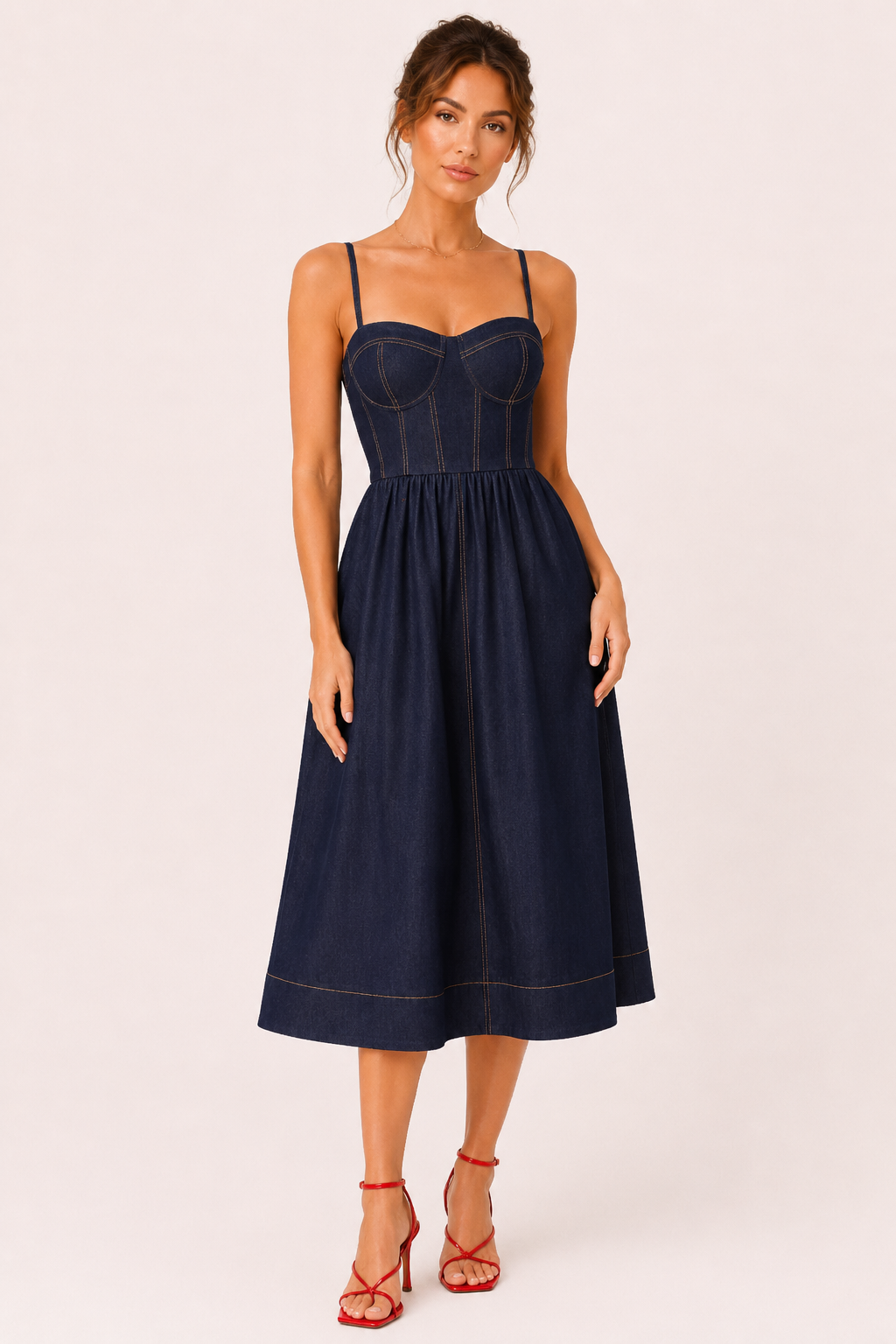 Vestido denim midi mujer escote corazón tirantes finos – Helene