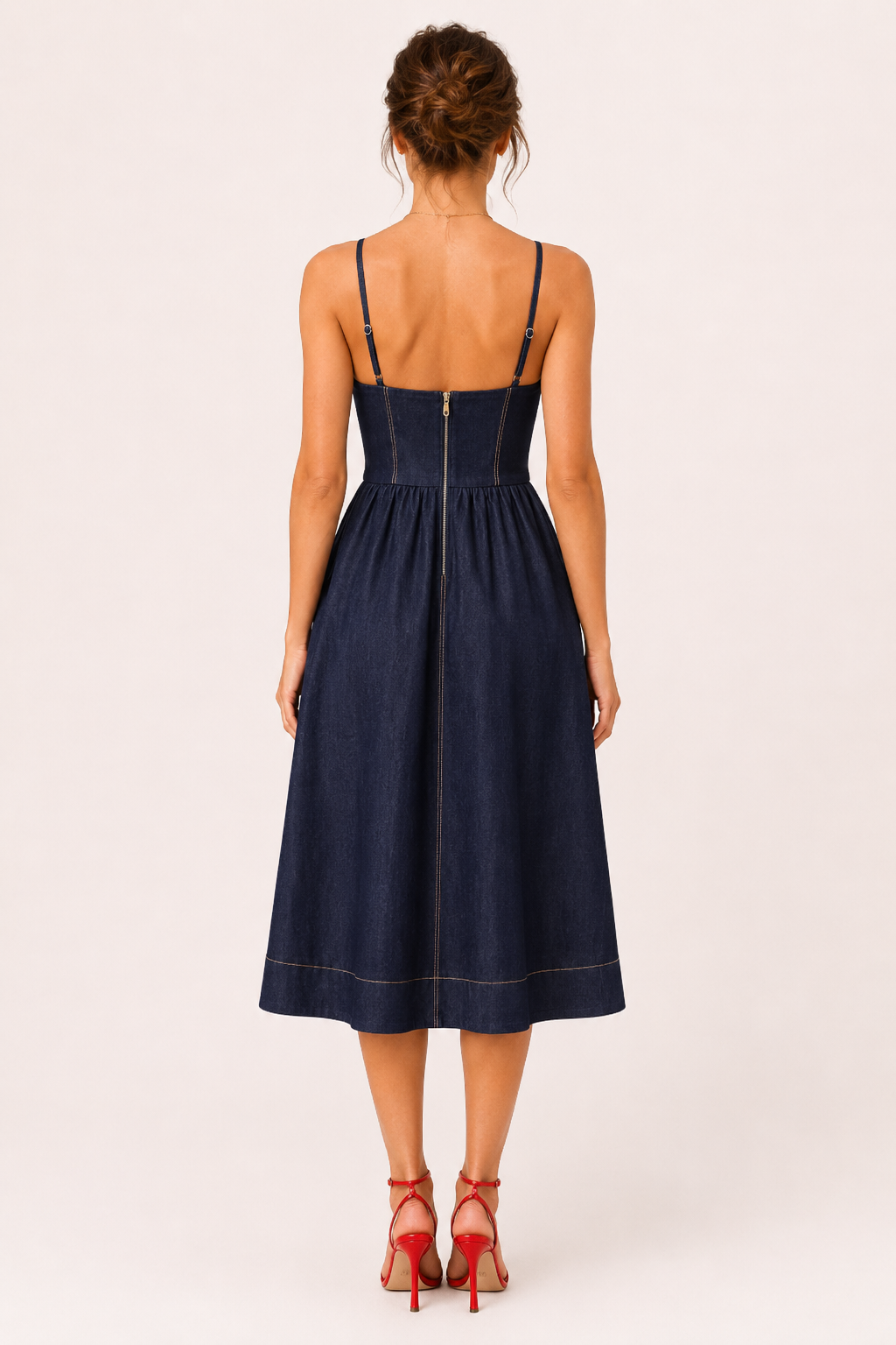 Vestido denim midi mujer escote corazón tirantes finos – Helene