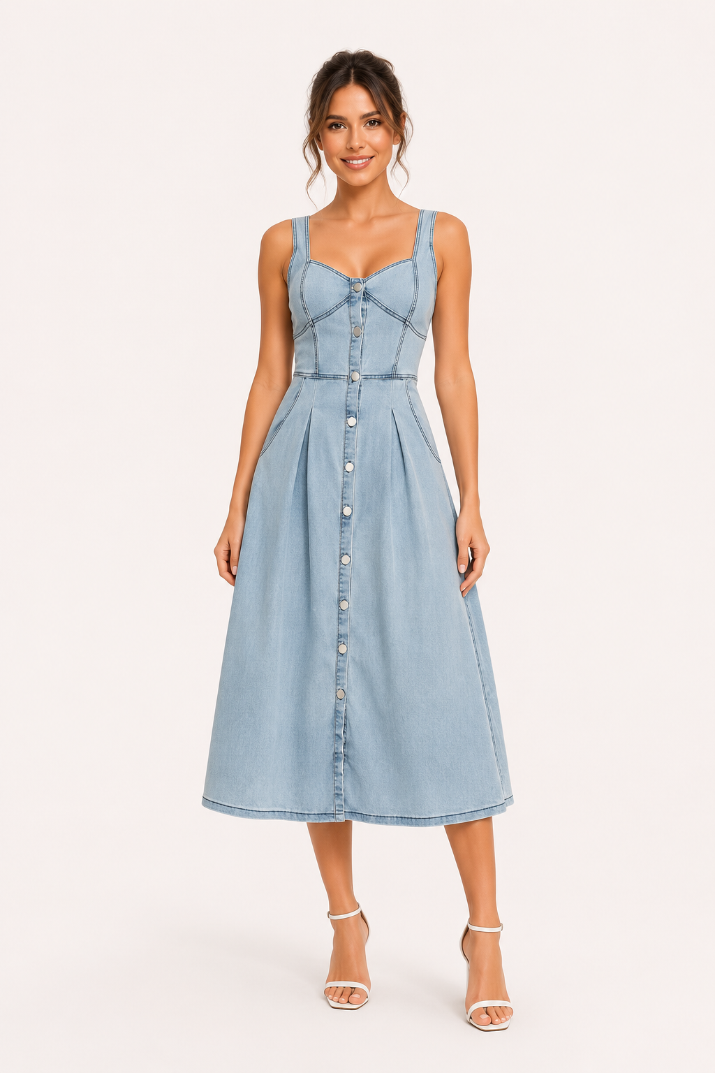 Vestido denim midi mujer tirantes anchos botones falda amplia – Brigitte