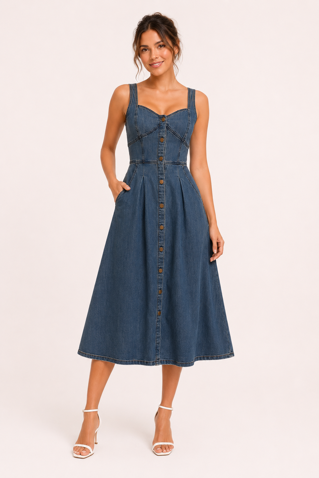 Vestido denim midi mujer tirantes anchos botones falda amplia – Brigitte