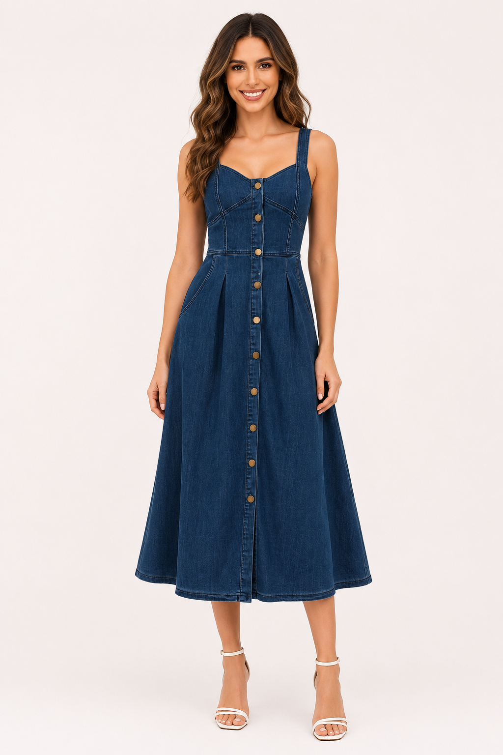 Vestido denim midi mujer tirantes anchos botones falda amplia – Brigitte
