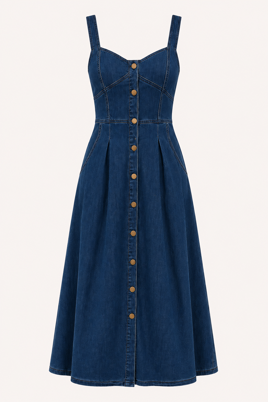 Vestido denim midi mujer tirantes anchos botones falda amplia – Brigitte
