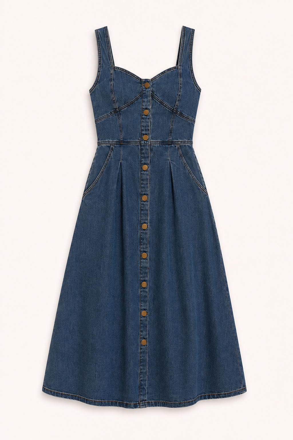 Vestido denim midi mujer tirantes anchos botones falda amplia – Brigitte
