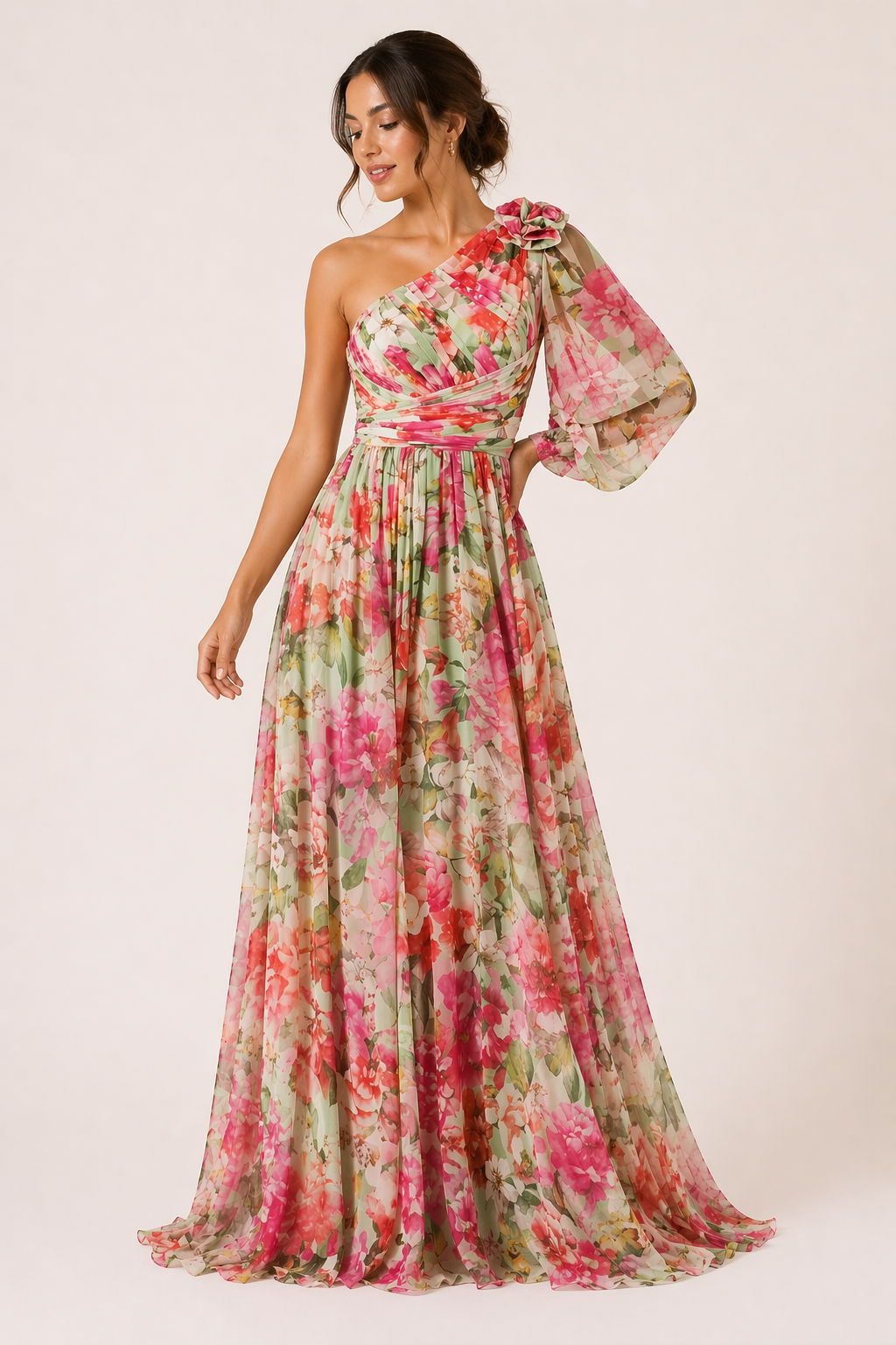 Vestido largo un hombro floral abertura mujer fiesta - Valentina