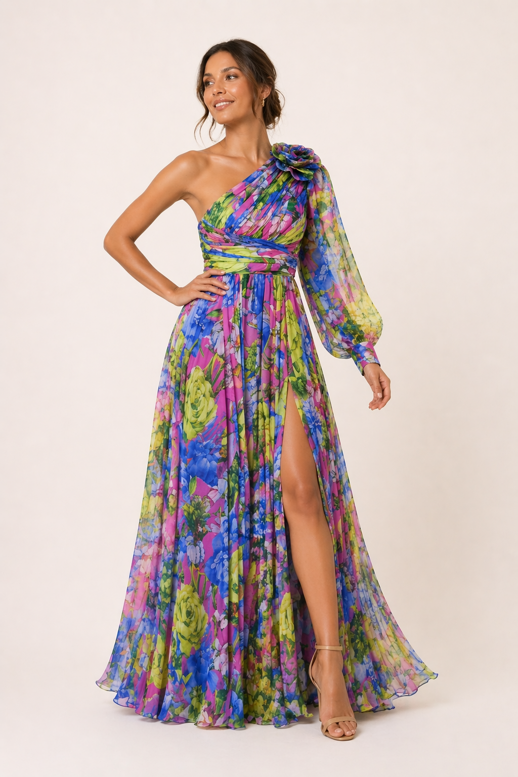 Vestido largo un hombro floral abertura mujer fiesta - Valentina