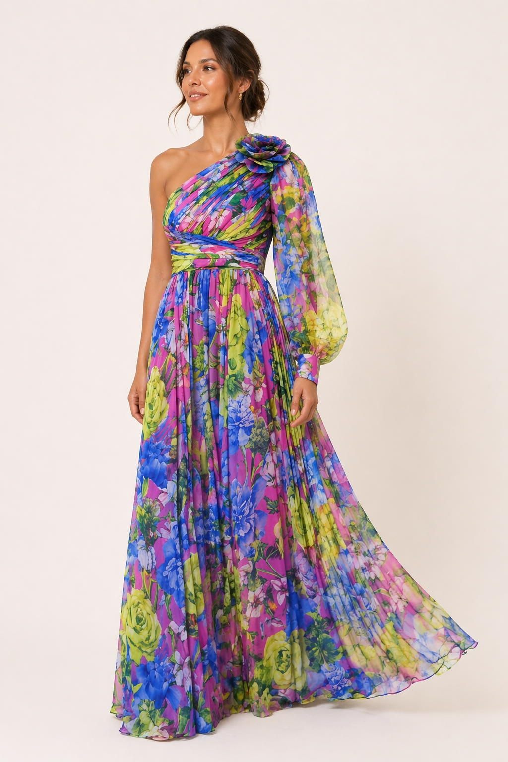 Vestido largo un hombro floral abertura mujer fiesta - Valentina