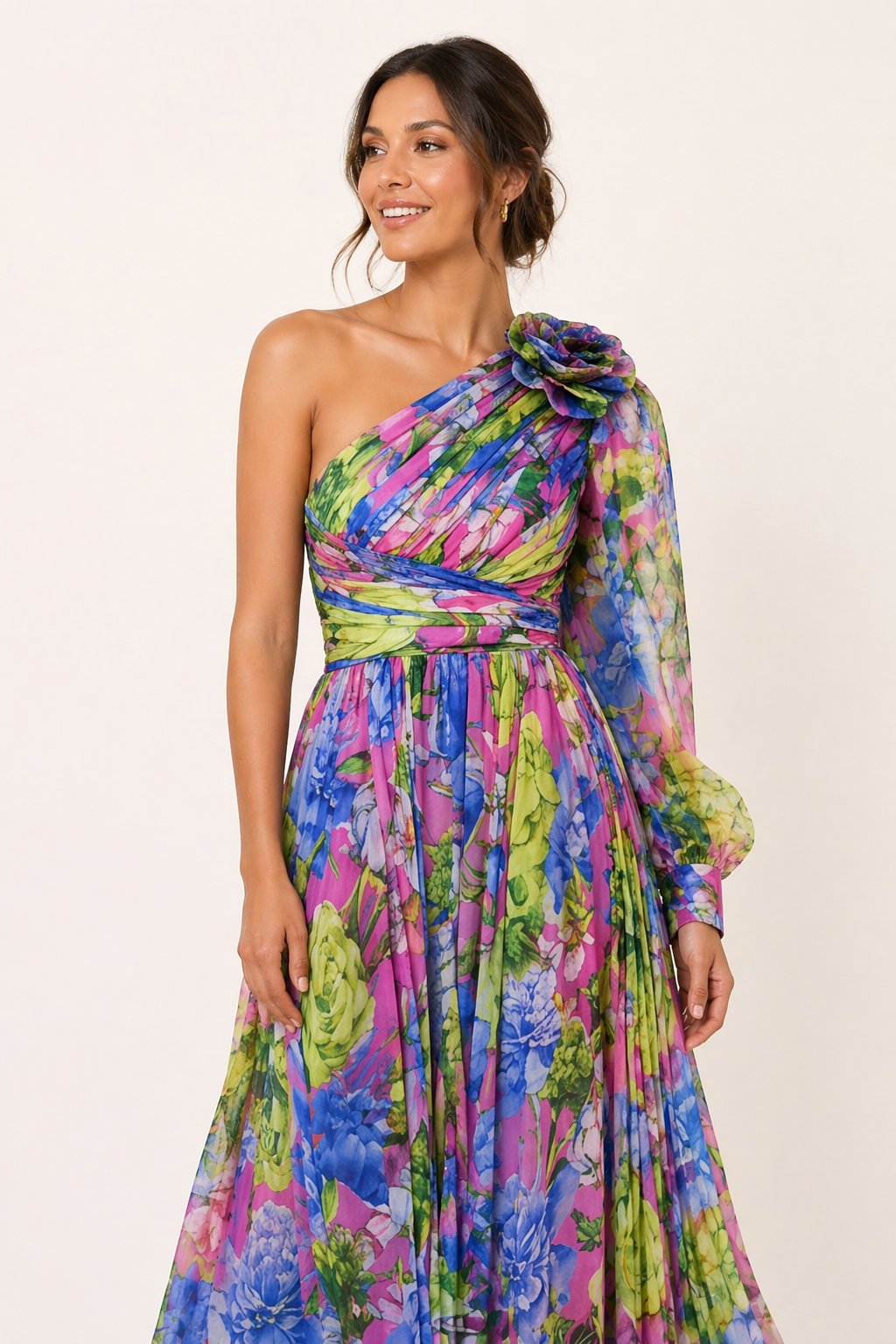 Vestido largo un hombro floral abertura mujer fiesta - Valentina
