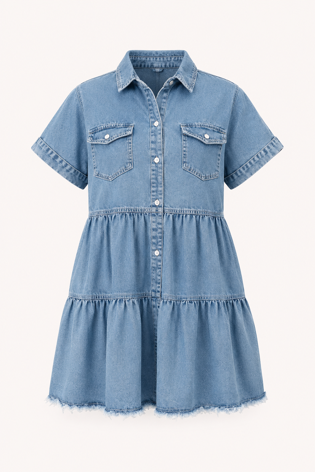 Vestido corto vaquero mujer manga corta falda por niveles – Heike