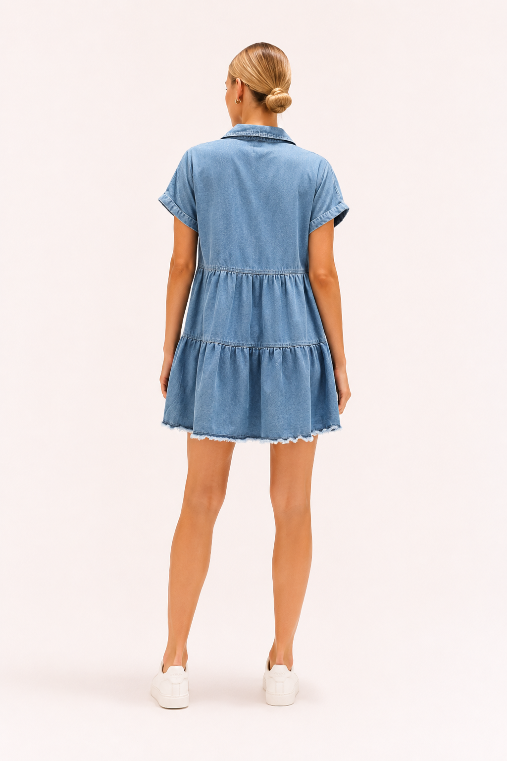 Vestido corto vaquero mujer manga corta falda por niveles – Heike