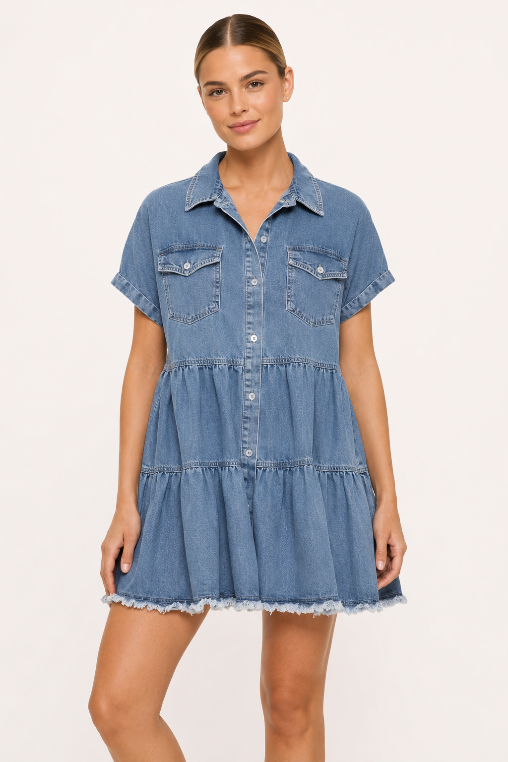 Vestido corto vaquero mujer manga corta falda por niveles – Heike