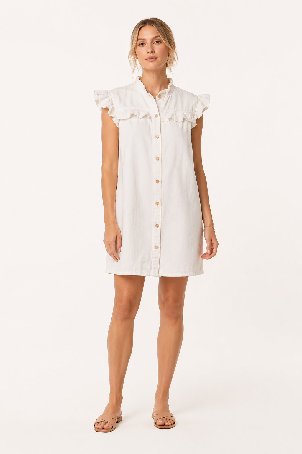 Vestido corto mujer denim volantes hombros botones casual – Meike