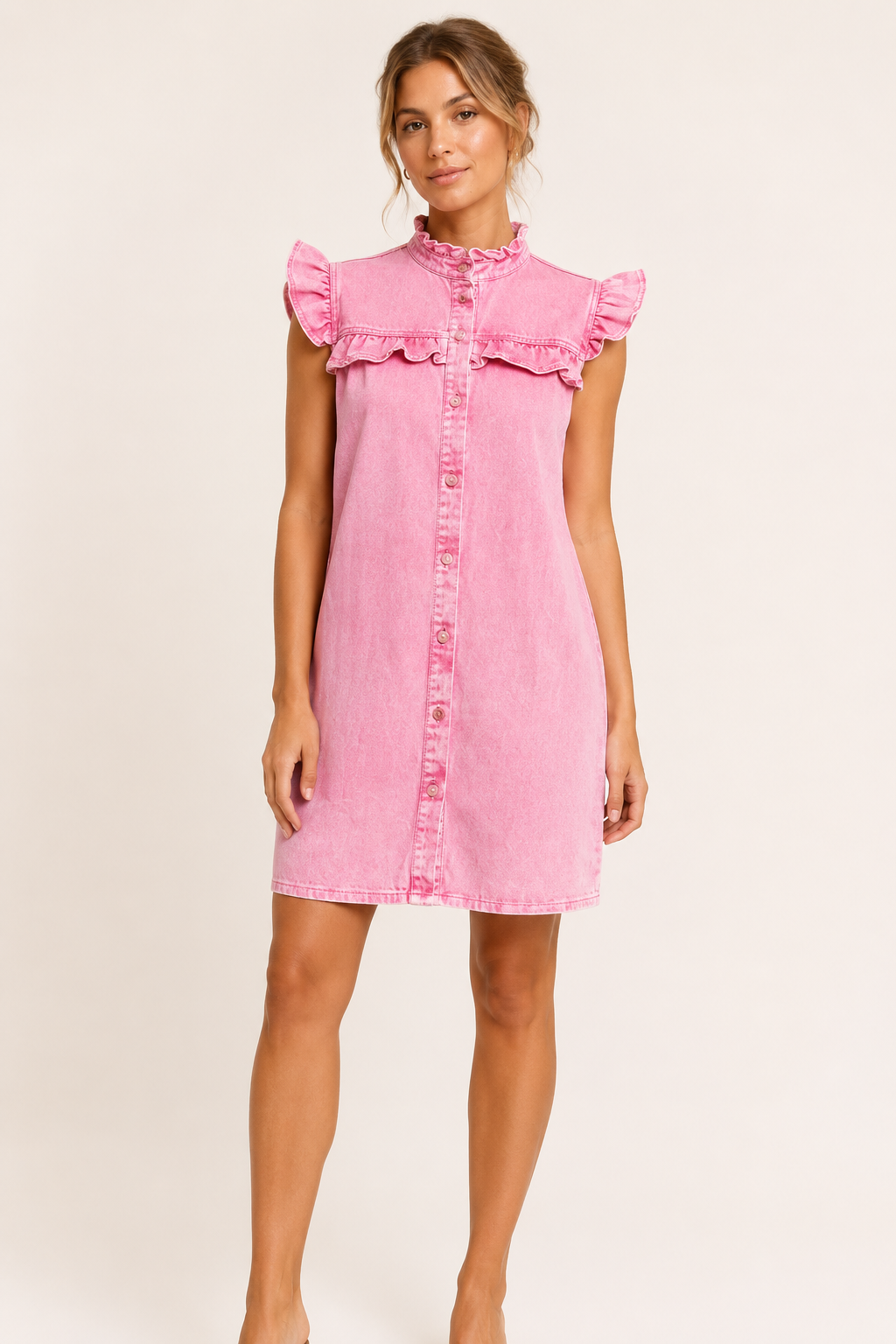 Vestido corto mujer denim volantes hombros botones casual – Meike