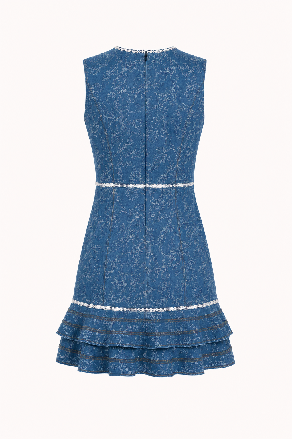 Vestido corto denim mujer sin mangas estampado doble volante – Gerlind