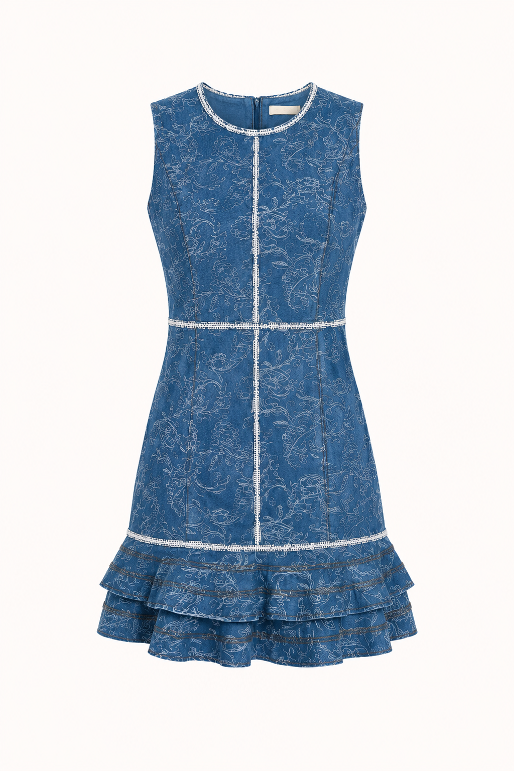 Vestido corto denim mujer sin mangas estampado doble volante – Gerlind