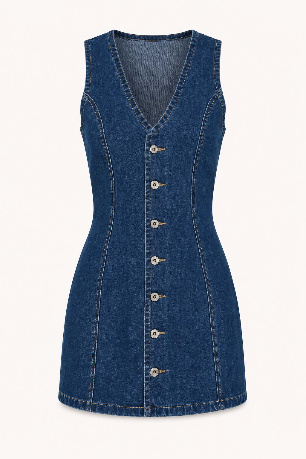 Vestido corto mujer denim escote en V botones costuras verticales – Ilse