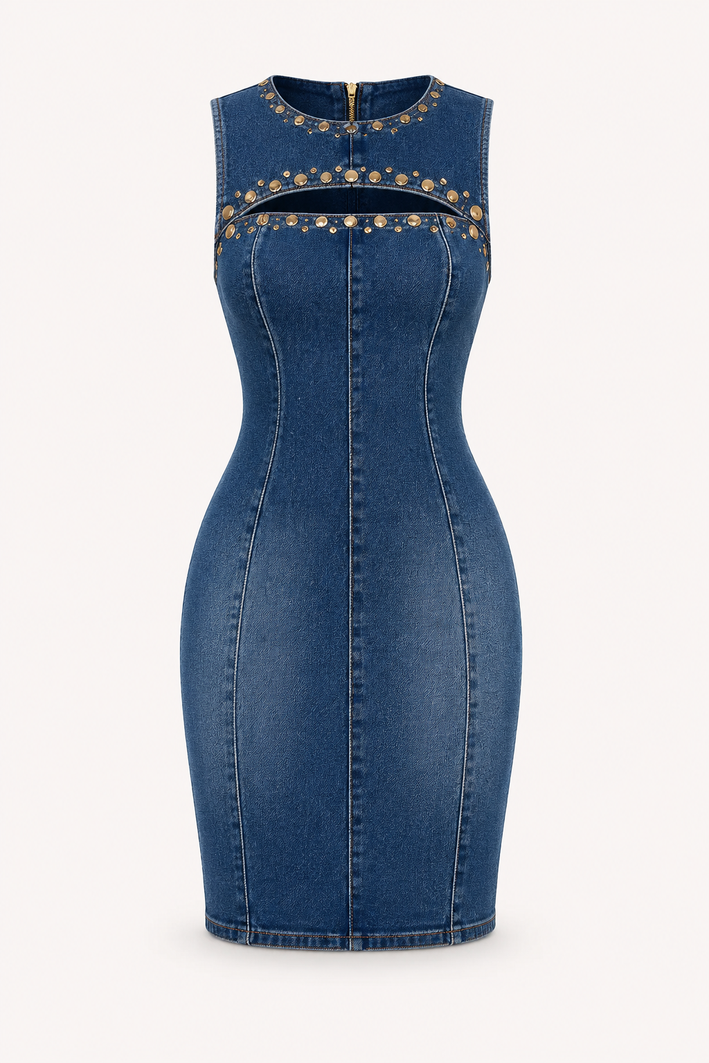 Vestido denim corto mujer sin mangas detalles metálicos escote – Karol