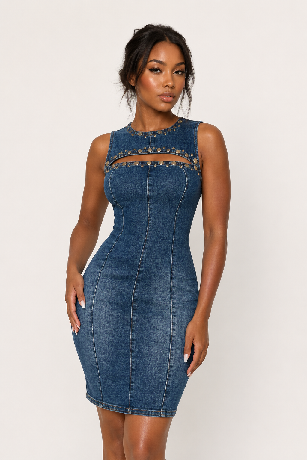 Vestido denim corto mujer sin mangas detalles metálicos escote – Karol