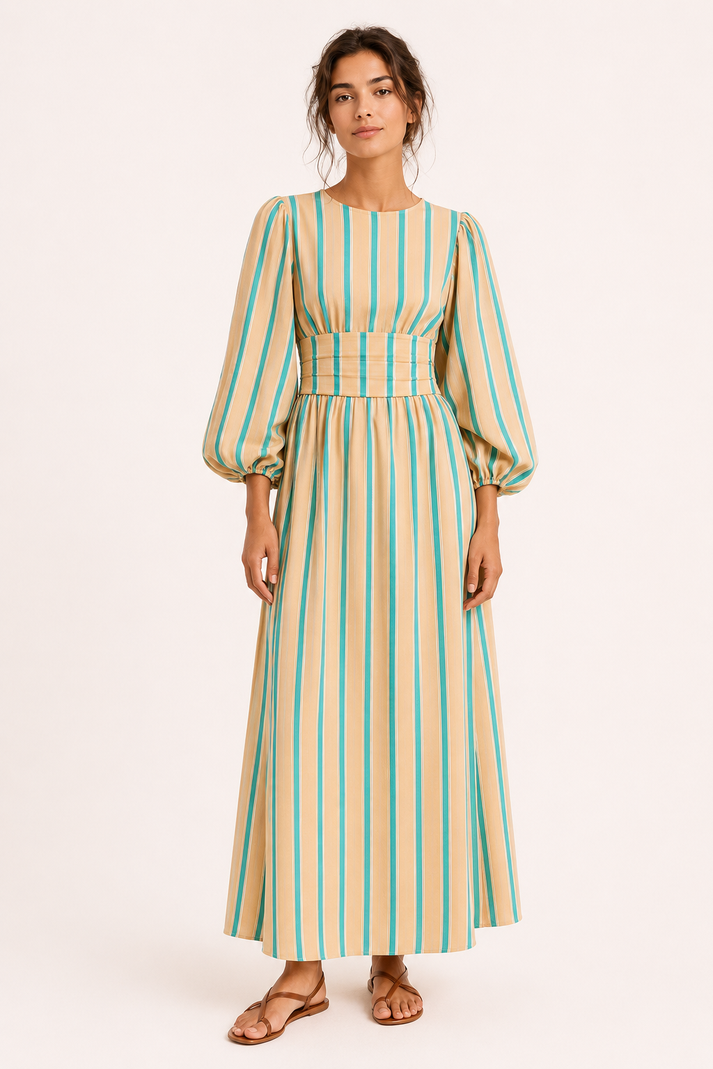 Vestido largo mujer rayas verticales manga abullonada cintura alta – Larissa
